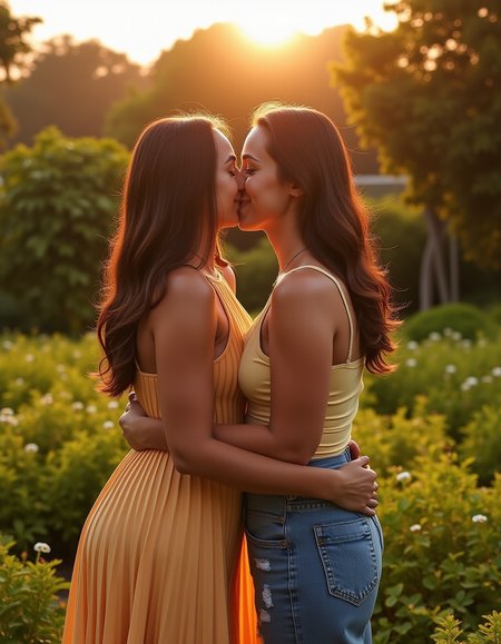 safe_pos,<lora:Lesbian Lovers (Flux):1>,two woman standing in a garden in a loving embrace on a warm summers day,