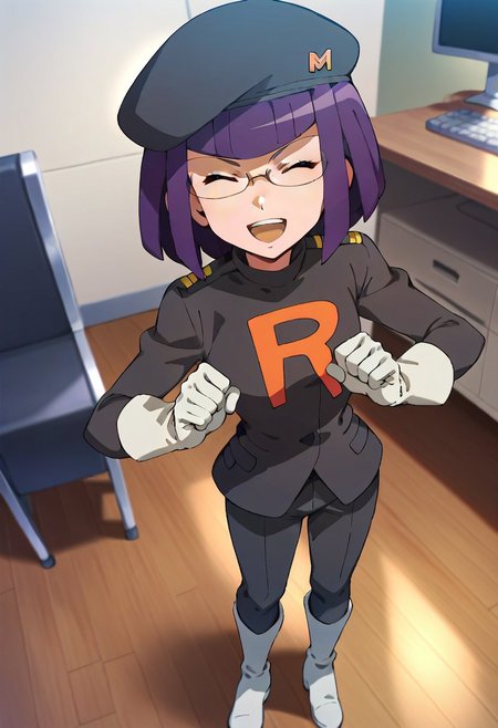 score_9,score_8_up,score_7_up,score_6_up, easynegative, negative_hand,
pkmnmatori, 1girl, purple eyes, glasses, purple hair, short hair, blunt bangs
matoritr, team rocket, hat, black headwear, black jacket, white gloves, black pants, white boots
standing, arms crossed, indoor, office, laughing, eyes closed, open mouth,