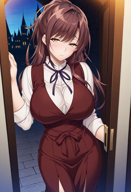 masterpiece, best quality, newest, highres, uncensored, 1girl, yokota mamoru style,1girl,looking at the viewer,shy
Tachibana Iori,Brown Hair, Ponytail, Sidehair, Straight Hair, Waist Length Hair,Long Hair,Amber Eyes,Big Breasts, Mole, Slim,Ribbon Tie, Vest
 Dress, castle, change clothes, look through the cracks in the door.