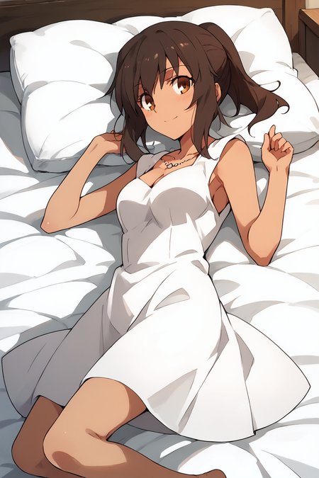 score_9, score_8_up, score_7_up, , score_ANIME, ,fateshirley, 1girl, solo, brown hair, short ponytail, brown eyes, white dress, sleeveless, cleavage, cowboy shot, necklace,  dark skin, ,   <lora:shirley_fate_pony:1> (lying:1.5),  on side,  on bed,  smile, blush,  ,medium breasts,  full body,