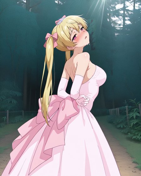 masterpiece, best quality, newest, absurdres, highres, 1girl, solo, <lora:IL\character\Eroge\Janne_Grenoble_Inda_no_Himekishi_Janne_v5.safetensors:1.0>, twintails, twintail ribbons, alt version, long hair,pink wedding dress, wedding dress, pink wedding elbow gloves, wedding elbow gloves, standing, arched back, arms behind back, looking at viewer, form side, head tilt, mind control, empty eyes, half-closed eyes, torogao,  nose blush, <lora:IL\background\99coins_japanese_central_forest_illu.safetensors:0.8>, forest, tree, outdoors, nature, plant, grass, path, fence, day, sunlight, sky,