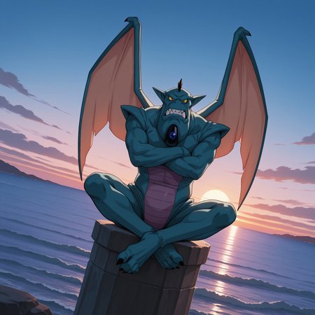 2d, solo, male, 1boy, monster, blue skin, short black mohawk, pointy ears, sharp teeth, wings, yellow sclera, red pupils, black claws, toe claws, Oceanshen

BREAK best quality, amazing quality, very aesthetic, absurdres, newest, masterpiece, highres, high quality, outside, outdoors, arms crossed, dynamic angle, dusk, ocean, sitting on rock pillar, looking at viewer, arms crossed, 