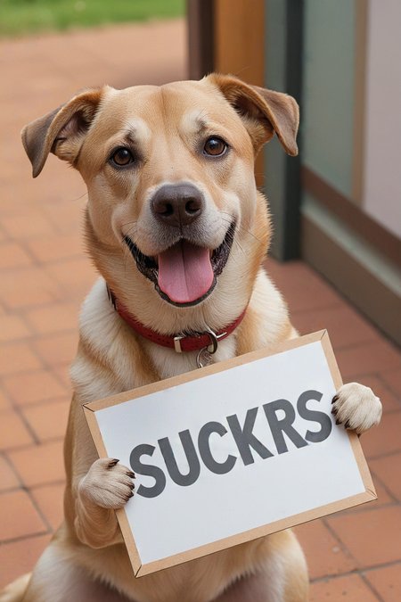A Dog holding a sign which reads "SUCKERS",  <lora:Add_UHD_Details_&_Text_v1:0.85>, Painstaking attention to details,