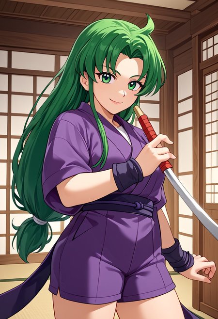 score_9,score_8_up,score_7_up,source_anime,5_figner,2d_animation,game cg,BREAK,1girl,solo,Yae,green eyes,green hair,low-tied long hair,parted bangs,very long hair,sidelocks.japanese clothes,purple kimono,ninja,short sleeve,shorts,
cowboy shot,looking at viewer,front view,smile,
japanese room,
masterpiece,best qualit,ultra-detailed,illustration,an extremely delicate and beautiful,beautiful detailed eyes,unity 8k wallpaper,high resolution,anime CG,official_art,