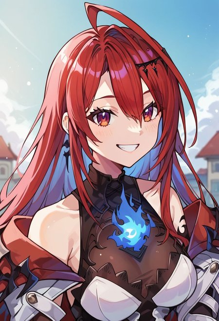 score_9, score_8_up, score_7_up, source_anime, 1girl, outdoors, 
BREAK ,
red hair, red eyes, ahoge, blue fire,erb_main, asymmetrical gloves, asymmetrical dress, open jacket, off shoulder, white belt, upper body, smile, teeth,