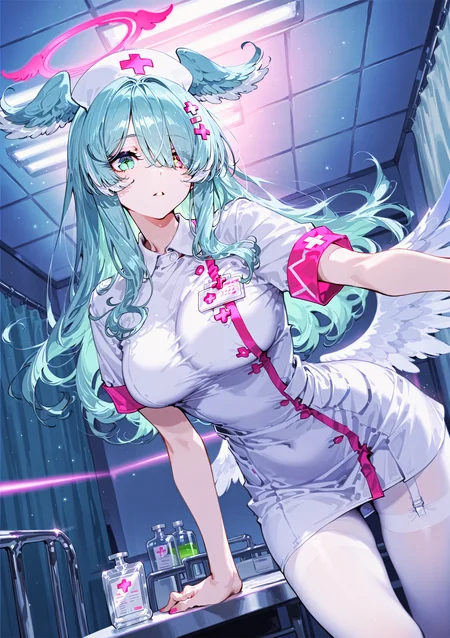 zPDXL3 Real score_9, score_8_up, score_7_up, score_6_up source_anime, highly detailed, sharp, intricate details, rating_safe rating_sensitive, rating_explicit, masterpiece, best quality, good quality, bright eyes light particles lens flare amazing quality, very aesthetic, very awa, absurdres, newest,
<lora:yoneyamaiXLNBVP1lokrV6311PZ:0.5>, <lora:SagawaNoobAI10SDXL:0.5>
<lora:nhl-001:0.4> nhl-001 film grain multicolored background  <lora:ponyv4_noob1_2_adamW:0.4>
medium breasts, dynamic pose, dynamic angle,
optical illusion, ssambatea, quasarcake, Fishine, arutera, soresaki, reoen, sanbonzakura, askzy, negative space, see-through, made of, neon light, detailed background,
niji-pendora,large breasts,heterochromia,green eye,symbol pupils,+_+,blue-green hair,streaked hair,head wings,long hair,hair ornament,x hair ornament,hair over one eye,covered one eye,
indoors, (nurse:1.2), (angel halo), (angel wings), hospital, tights
<lora:niji-elira:0.7>