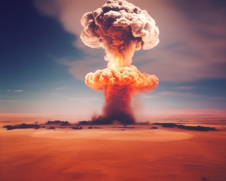 HyperNuke,  volumetric lighting, aerial shot, vorticity and turbulence, orange glow, explosion, tsar bomba, clouds, desert, vibrant, hasselblad