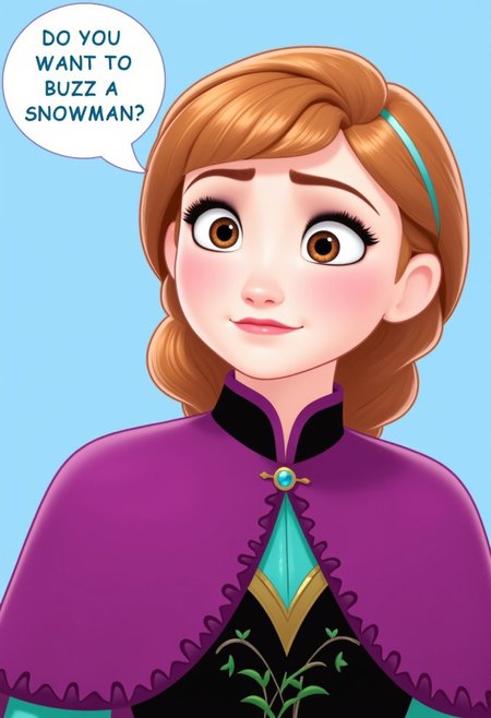 a high resolution film still from the animated film Frozen, Anna is looking at the viewer with a sad expression as she sings, above her is a speech bubble with the words: "Do you want to buzz a snowman?", 
DisneyStudio, cartoon, Anna from Frozen, In the style of Frozen.