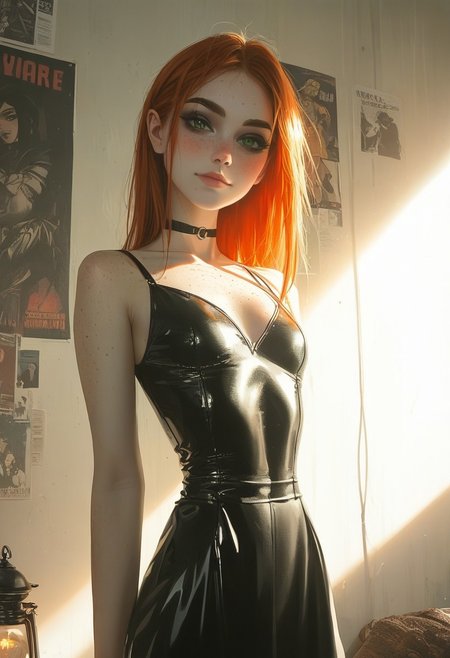 score_9, score_8_up, score_7_up, masterpiece, best quality, expressive, 1girl, toned body, fit, pale skin, long ginger hair, freckles, small breasts, green eyes, (long black eyelashes:1.5), (dark eyeliner:1.5), glossy pink lips, (freckles:1.2), 
messy bedroom, posters on the wall, lava lamp,
smiling, black choker, (small waist:1.7),
dappled lighting, god rays, volumetric lighting, ((standing)), goth, blushing, shy, ((view from side)), goth, view from between legs, looking behind, looking at viewer, tight black dress, too small black dress,