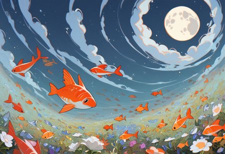 score_9, score_8_up, score_7_up, score_6_up,
nature background, flowers, flower, clouds, fields, flower field, night time, dark county side, moon in the sky, huge moon, glowing moon, white glow, horizon view, flat horizon 
flying fish, fish floating, fish swimming thriugh the sky, betta fish, multi colour fish,  swarm of fish, 30 fish, huge swarm of fish,fish ,Aquatic life, swarm of fish around a big fish, large goldfish, goldfish, large fish, dragon fish, dragon gold fish