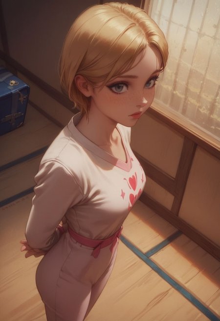 score_9, score_8_up, score_7_up, pinup girl pose, Expressiveh, a sexy girl in white pajamas sits on a tatami mat, mouth slightly open shyly, close on face, bookcase and window in background, short blonde boy-cut hair , pin-up eyeliner, freckles, e-girl makeup,  jewel colors, silky sexy pajamas, music decorations, large breasts, perfect face, thin waist, heart-shaped ass, blue and gold themed clothes, pleased look on face, semi realistic,  fantastical, from above, looking at viewer, (blonde hair), grey eyes, arms behind back
score_9,score_8_up,score_7_up,very aesthetic ,(masterpiece:1.4), (best quality), (colorful), (detailed) dramatic angle, unique perspective, unique angle, comic book angle and perspective, hands behind back, wide angle,