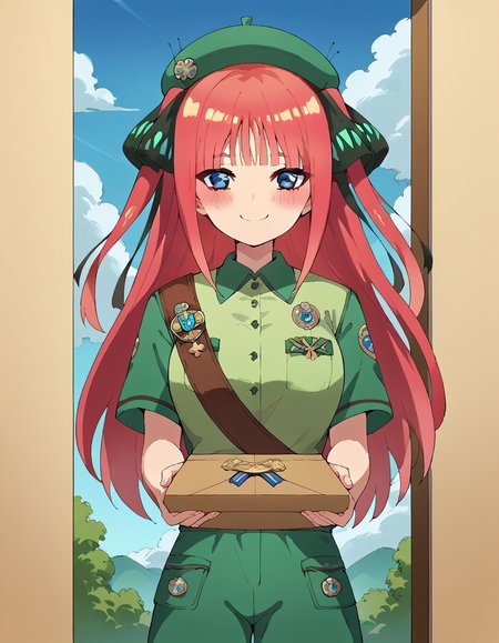 score_9, score_8_up, score_7_up, source_anime, <lora:nnakano-s2-ponyxl-lora-nochekaiser:1>, long hair, bangs, blue eyes, hair ornament, hair ribbon, pink hair, blunt bangs, two side up, butterfly hair ornament, large breasts,, <lora:girl-scout-uniform-ponyxl-lora-nochekaiser:1> girl scout uniform, badge, beret, breast pocket, girl scout, green hat, hat, short sleeves, shirt, green shirt, shoulder sash, medal, button badge, uniform, shorts, green shorts, short shorts, kneehighs,, smile, blush, looking at viewer, blue sky, clouds, entrance, doorway, <lora:incoming-gift-ponyxl-lora-nochekaiser:1>, incoming gift, outstretched arms, holding, holding box, box, cardboard box,, cowboy shot,