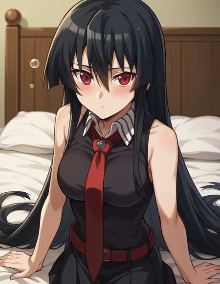 score_9, score_8_up, score_7_up, source_anime,
agkakame, <lora:agk-akame-s1-ponyxl-lora-nochekaiser:1>,
akame, long hair, black hair, red eyes, hair between eyes,
skirt, dress, necktie, sleeveless, belt, shirt, black shirt, collared shirt, red necktie, black skirt,
indoors, bed, bed room, on side, blush, drunk,
cowboy shot, solo, dutch angle, looking at viewer,