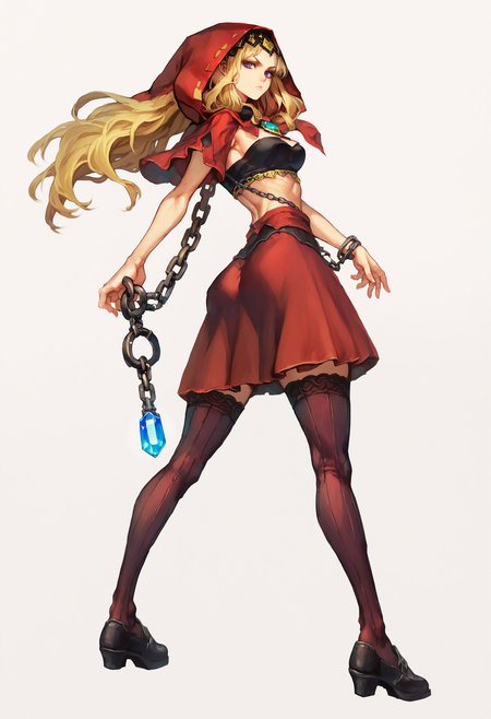 score_9,score_8_up,score_7_up,score_6_up,source_anime,<lora:Vanillaware_XL:1>,solo,1girl,from behind,petite,thin,looking back,looking at viewer,full body,serious,blonde hair,purple eyes,long hair,medium breasts,black crop top,red hood,red skirt,black legwear,black shoes,chain,gem,simple background,white background,