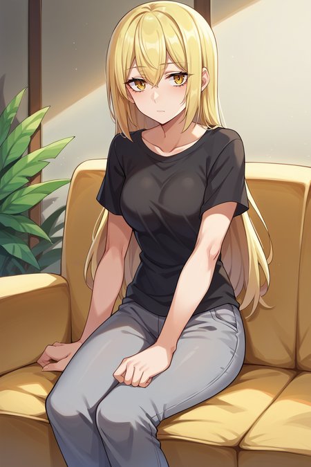 score_9, score_8_up, score_7_up, score_6_up, source_anime, BREAK 1girl, solo  <lora:aiswallenstein-pdxl-nvwls-v1:1> ais wallenstein, black t-shirt, sitting, couch, grey pants, tired, looking at you