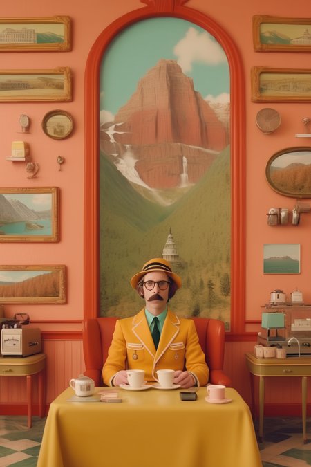 <lora:Director Wes Anderson style:1>Director Wes Anderson style - um computador clssico e um caf, estilo fundo: uma bela vista de uma montanha a partir de uma janela, altamente detalhada