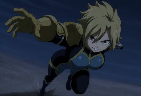 masterpiece, best quality, newest, absurdres, highres, fairy tail, anime screenshot, anime coloring, dark, outdoors, night, 1girl, solo, dimaria, brown eyes, bangs, short hair, blonde hair, hair between eyes, dimaria, brown eyes, bangs, short hair, blonde hair, hair between eyes, multicolored bodysuit, blue bodysuit, black bodysuit, yellow trim, skin tight, single pauldron, yellow pauldron, single gauntlet, yellow gauntlet, evil smile, incoming attack, foreshortening, dynamic pose, dual wieldingfull body, blue knee boots <lora:Dimaria_Yesta_all_in_one_last_Illustrious:1>