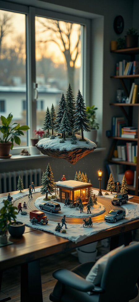 (indoor,very wide isometric view,tilt-shift lens:1.6), (windowless,fna_style,miniature,miniature,diorama,miniature,diorama,PVC,plastic:2),dawn snow,forest,parking lot with crowded  at (floating island,levitating  island:1.5) on (table:2) at (attic:2.5)   <lora:Diorama_Flux:1>
<lora:Fantasy_Novel_Art_Style:1>