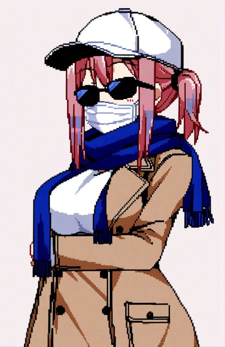 character: Mizuki (ç¾æ), character: Mizuki (ç¾æ) clothes2, pixel art, 1girl, solo, pink hair, large breasts, sunglasses, blue scarf, white baseball cap, cowboy shot, brown coat, side ponytail, white surgical mask<lora:summer memories v8.3 (å¤æè£æ­£ååå¾ç¿»è½¬)-000005:1>