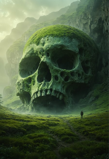 A solitary figure stands in a verdant valley, leading to a colossal weathered skull-shaped cave entrance under a hazy sky, with light mossy greens on the skull blending into the stony grays, while the cave mouth is shrouded in misty light blues and a soft ethereal glow, <lora:MJ52:0.3>, <lora:SDXLFaeTastic2400:0.4>, <lora:zavy-cntrst-sdxl:0.7>