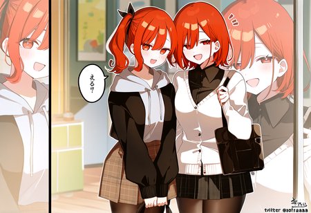 very awa, masterpiece, best quality, year 2024, newest, highres, absurdres, <lora:age_slider_v4:3> <lora:thicc_v1.4-pony:1.2>,detailed_background,indoors,puffy long sleeves,black pantyhose,multiple girls,black ribbon,shirt,cardigan,highres,brown eyes,looking at viewer,pleated skirt,brown skirt,absurdres,hair ribbon,puffy sleeves,holding bag,hair between eyes,dress shirt,sofra,plaid skirt,white cardigan,2girls,notice lines,:d,sleeves past wrists,holding,shoulder bag,hood down,open mouth,black skirt,collared shirt,medium breasts,skirt,hood,pink shirt,drawstring,plaid clothes,red hair,red eyes,long sleeves,zoom layer,smile,pantyhose,ribbon,black shirt,hoodie,bag,breasts,side ponytail,grey hoodie
