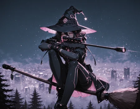 <lora:cyberwitches:0.6> cyberwitches, witch hat, black gloves, hood,  <lora:Bloom Surfing:0.7> 1girl, witch hat, broom surfing, forest, skyline, fog,  <lora:seated_sniper_cradle_ill_v3.5:0.6> 5n1p3r_cr4dl3, holding sniper, futuristic sniper rifle, sniper on arm, crossed arms, arm on knee, arm on top, thumb grip, aiming, wrist grab, dynamic pose, night, glowing particles,
