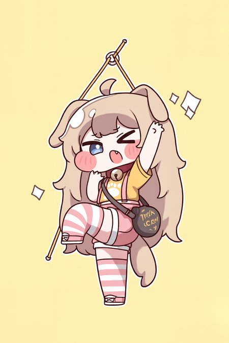 (trickcalcg, trickcal, chibi, chibi only:1.3), blush, blush stickers, butter \(trickcal\), 1girl, > <, ahoge, animal ears, arm up, bag, bell, blue eyes, blush, brown hair, chibi, claw pose, collar, dog ears, dog girl, dog tail, fang, horizontal-striped thighhighs, jingle bell, leg up, long hair, neck bell, pink footwear, pink shorts, ribbon, shirt, shoes, short sleeves, shorts, slingshot \(weapon\), solo, standing, standing on one leg, striped clothes, striped thighhighs, tail, thighhighs, white shirt, yellow ribbon, yellow shirt, simple background, yellow background, 
(masterpiece, best quality, absurdres, highres, newest, very awa:1.2), 