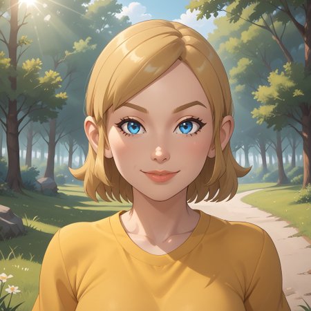 score_9, score_8, BREAK, wii, mii, wii sports, 1girl, female mii, cute, blonde hair, blue eyes, dark blonde eyebrows, lips, yellow clothing, white pants, shoes, breasts, nintendo mii, modern_mii, classic_mii, Sadie_(OC_Mii), sexy pose, self portrait, smile, outdoors, sunlight, shadows, evening lighting, natural lighting, forest, trees, grass, orange sky, sunset