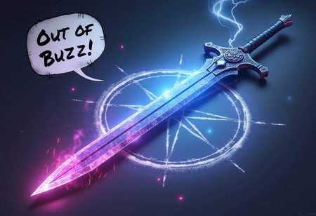 magic circle drawn, a speech bubble with "OUT OF BUZZ!", a faint wisp of smoke emanates from the magic circle,
(sword:1.25), blue crystalz arcane greatsword, black steel handle,
BREAK,
misty pink effect, magic circles, steam,
BREAK,
dynaming lights, glowneon, lightning, sparks, 
BREAK,
horizontal laying sword, 
BREAK,
High resolution,  masterpiece, best quality,