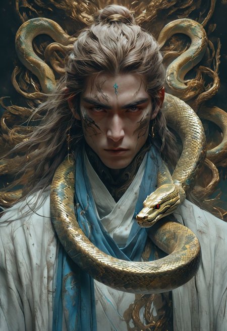 minimalism style, WLOP art style, a character worrior , facial muscles,  eye light, snake behind, cinematic foootage,  fantasy, intricate details,8k post production,dark red gold tone blue  white green