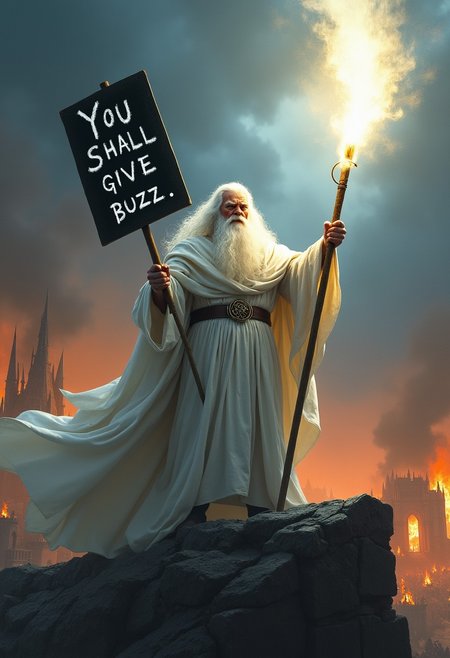 Photo of Gandalf the White standing boldly on the battlements of Minas Tirith, his white robes and cloak flowing in the wind. His staff blazes with radiant light, cutting through the darkness of the battlefield.  He is looking at the viewer extremely angry.
He holds a black sign with white chalk letters saying"You shall give Buzz".
Around him, chaos reigns—Orcs swarm, fires rage, and the sky is filled with dark clouds. Gandalf’s eyes burn with fierce determination as he raises his staff, emitting a blinding light that pushes back the shadows. The scene captures the epic clash of light against darkness, highlighting Gandalf’s heroic presence as a beacon of hope in the midst of war.