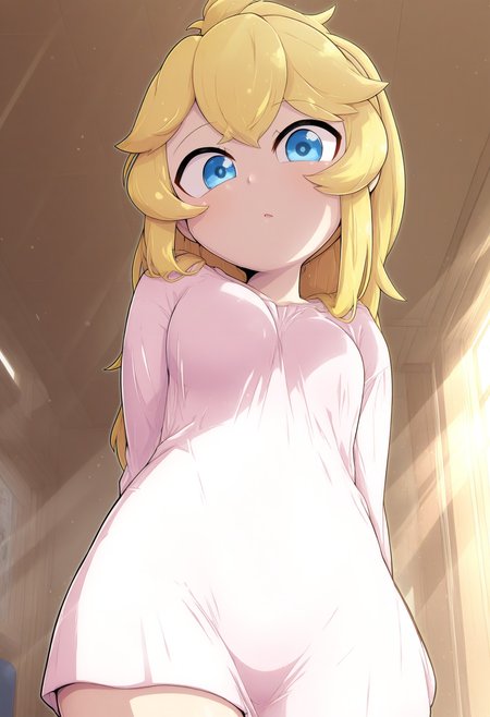 masterpiece,best quality,good quality,newest, <lora:tokyu_mikan_style_IL:1>, tokyu_mikan_style, 1girl, blonde hair, 
looking at viewer, cowboy shot, 
indoors, light rays,