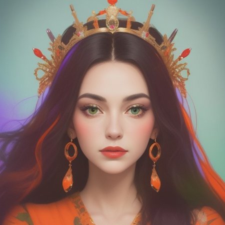 Portrait of a beautiful Queen.
Orange, red, green,  purple colors only.