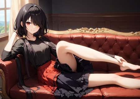 score_9, score_8_up, score_7_up, score_6_up, score_5_up, score_4_up, , scenery, masterpiece,  best quality, very aesthetic,, 
,  looking at viewer, laying, modeling on sofa,  <lora:Kurumi_Tokisaki:0.8> black hair, red eye, long hair, twintails, hair over one eye, yellow eye, heterochromia, clock eye, red shirt, plated skirt, black shirt, sitting, smiling,legs kicking,