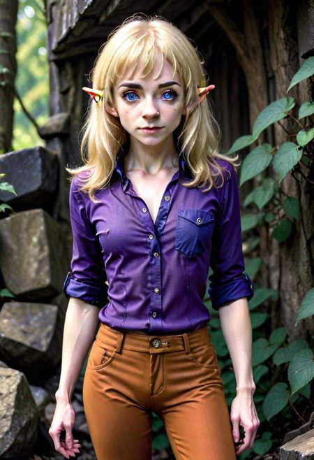 photo of pale (Age 19) female (halfling:1.75), (flat chested, rectangle body shape), (shaggy blonde, middle part), blue eyes, ((Dark purple)/(Dark Orange) masculine shirt/pants), homely, tiny, petite, thin, toned, lithe, full body, outdoors, HDR