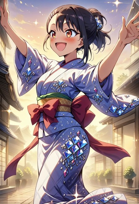 (masterpiece,best quality:1.5), high quality details,, amazing quality,  newest, scenery, volumetric lighting 
shiny skin, utatane hiroyuki, BREAK,
1girl, nagatoro hayase
japanese kimono, colorful kimono,
, smile, happy, dancing, 
jewel
diamondMW, countless diamonds,
