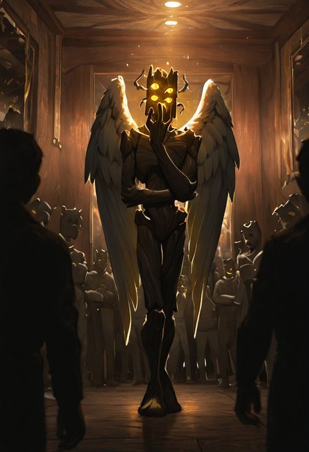 masterpiece, best quality, amazing quality, very aesthetic, absurdres, newest, cinematic, movie scene, foreground blur, 
creaking, no humans, standing, monster, glowing eyes, yellow eyes, solo, 3 eyes, yellow sclera, wooden body,
inside museum, statue, crowded, behind people, tall, art museum, angel wings, covering face,