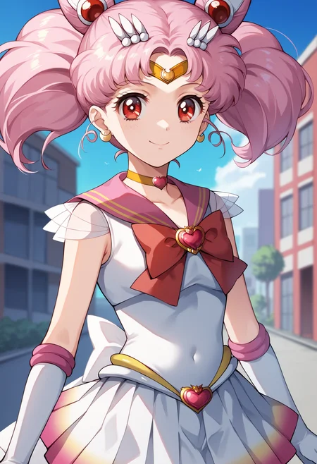 score_9, score_8_up, score_7_up, score_6_up, score_5_up, score_4_up, BREAK, source_anime,
1girl, chibiusa, pink hair, twintails, cone hair bun, double bun, red eyes, earrings, hair ornament, tiara,
heart brooch, choker, white elbow gloves, magical girl, multicolored clothes, multicolored pleated skirt, pink sailor collar, sailor senshi uniform,
outdoors, blue sky, smile, upper body, solo, looking at viewer, buildings, tokyo street background    <lora:ChibiusaXL:1>
