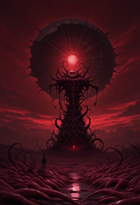 AMAZING QUALITY, MASTERPIECE, W1CK3D, SCENERY, RED SKY, CLOUDY, BROKEN MOON, NIGHTMARE, ELDRITCH, FLESH, RED THEME, GLOWING LIGHTS, HEART