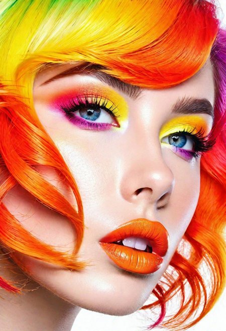 (best quality:1.2), a photorealistic close up on a pale woman's face, colorful hair, colorful lipstick
