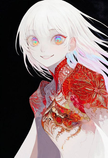 solo, looking at viewer, rainbow colored eyes, upper body, black background, 1girl, long white hair, extremely pale skin, smiling, close up, 
, ,,,, masterpiece,best quality,very aesthetic,absurdres
 <lora:monfornoob:0.95>