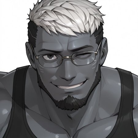 Barakynd, gray skin, facial hair, glasses, tank top, face focus, perfect face, muscular, p3reloadportraits, portrait, white background, looking at viewer, smiling, winking