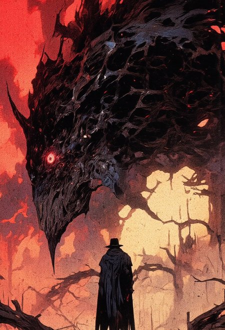 A dark and ominous scene featuring a massive, menacing crow-like creature towering over a lone human figure in a barren, apocalyptic landscape. The creature is covered in jagged, black feathers that shimmer faintly in the dim, eerie light. Its glowing red eyes radiate an intense, malevolent energy, and its sharp beak is partially open, as if ready to strike. he human figure, shrouded in a dark trench coat and hat, stands defiantly yet dwarfed by the creature's immense size. Their silhouette is sharply defined against the fiery, blood-red sky with swirling clouds of smoke and ash. The skeletal, leafless trees in the background frame the composition The color palette is dominated by deep blacks, grays, and reds, with subtle highlights of orange and yellow that give the sky a fiery, apocalyptic glow. The overall mood is one of impending doom, tension, and primal fear. This image represents themes of confrontation, insignificance in the face of overwhelming power, and the enduring human spirit. Recreate this scene with enhanced details of the creatures feathers, claws, and glowing eyes, while maintaining the stark contrasts and surreal lighting of the apocalyptic setting,  The overall aesthetic quality is very high, showcasing excellent use of lighting and composition, hand-colored, horror art, dark and gritty, highly detailed, hyper-realistic, watercolor, full-body shot, wide angle. style of Wes Anderson, Banksy, Choe, Giger, Clive Barker, Frank Miller,