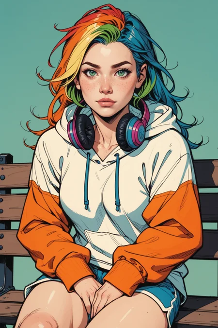 1girl, headphones, freckles, solo, multicolored hair, hoodie, green eyes, hood, blonde hair, realistic, rainbow hair, sitting, looking at viewer, bench, nose, long hair, lips, blue hair, headphones around neck, green hair, orange hair, shorts, hood down, two-tone hair, white hoodie, <lora:Expressive_H:0.5>, score_9, score_8_up, score_8_up, a_Comic_Illustration, rough lines with ink, (drawn:1.1), (sketch:1.5), (crosshatching:1.25), (comic style:1.1), graphic novel style, sharp lines, hires, zstyle, (western comics \(style\):1.1), (hatching \(texture\):1.2), zPDXL, Mr_Monster_Possitive