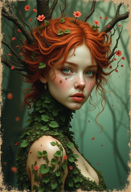 artwork in the style of Geoff Taylor to show a dark fantasy dead forest landscape, sunset, covered in tree roots and leaves. old scuffed and creased 1970s Fantasy style paperback book cover.
top frame title text: ("DEBUT BESTSELLING AUTHOR").
title text: ("SCARLETT HOLT"). 
main book title text: ("The Dryad"). 
bottom text: ("Will she co-exist with humans ? or... Replace them...").
a dryad plant flower woman is half the focus of the poster. petals. tree. green emerald eyes. dryad. monster girl. bugs. hair ornament. floating hair. plant girl. tree spirit with light skin. almost melancholic undertone. fair porcelain skin. fiery red hair with a few strands framing her face. almost melancholic undertone. fair porcelain skin. fiery red hair with a few strands framing her face. high definition detail. relaxed shoulders. glamorous women art. photo-realistic. featuring woman with striking pose. giving impression of tranquility or possibly a dreamlike state. 1900s photo deep field vignette antique-style effect.