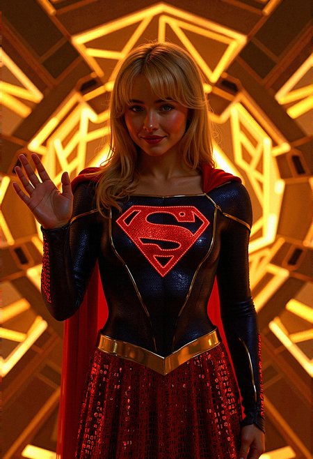 A photorealistic image of supergirl sabcarp based on fictional characters from DC Comics  enveloped in a digital nexus, her costume infused with binary code that flickers with energy the backdrop of intersecting geometric shapes that seem to pulse with a golden glow, representing her power over both the digital and physical realms.

geometric armor plating to her shoulders and chest, with sharp, angular designs that mirror the background aesthetics.Integrate glowing binary code patterns into Supergirl's suit, running along the seams and edges, highlighting her connection to the digital realm.

She stands with one hand raised, palm facing outwards as if signaling to calm down, her expression firm but gentle.
