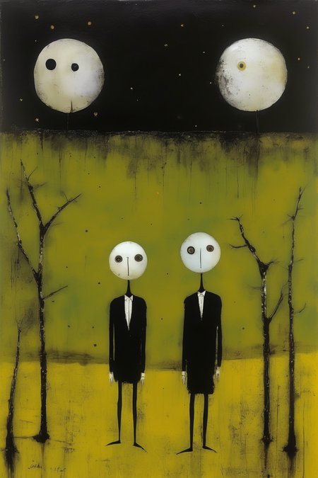 <lora:Sidney Nolan Style:1>Sidney Nolan Style - Two moons. John Lurie