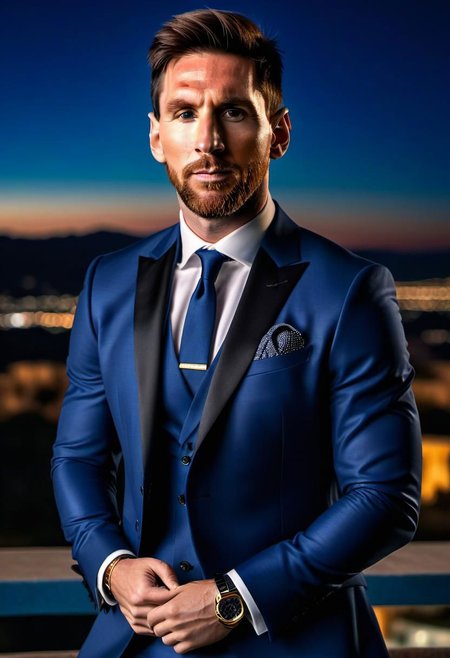 Messi portrait, photo,  of man wearing a suit, evening, (masterpiece), (best quality), (detailed), (8k), (HDR), (wallpaper), (cinematic lighting), (sharp focus), (intricate)