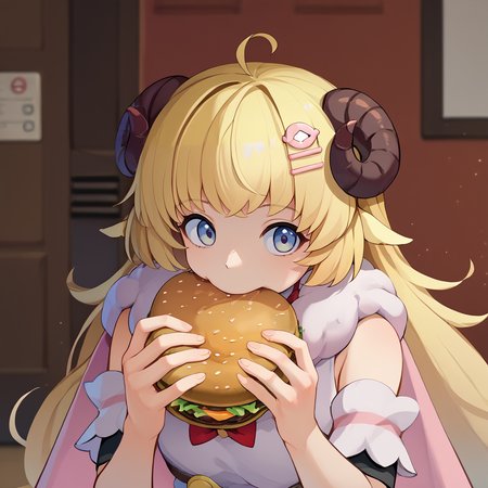 score_9, score_8_up, score_7_up, score_6_up, source_anime BREAK 1girl,  <lora:jermawhopper-pdxl-nvwls-v1-000005:1> jermaWhopper, eating, burger, looking at you, upper body  <lora:CHAR-TsunomakiWatamePonyXL:1> TsunomakiWatame, sheep girl, long hair, ahoge, WatameBase, very long hair, ahoge, hairclip, fur-trimmed dress, short dress, red bowtie, detached sleeves, pouch, fur-trimmed cape, pink cape