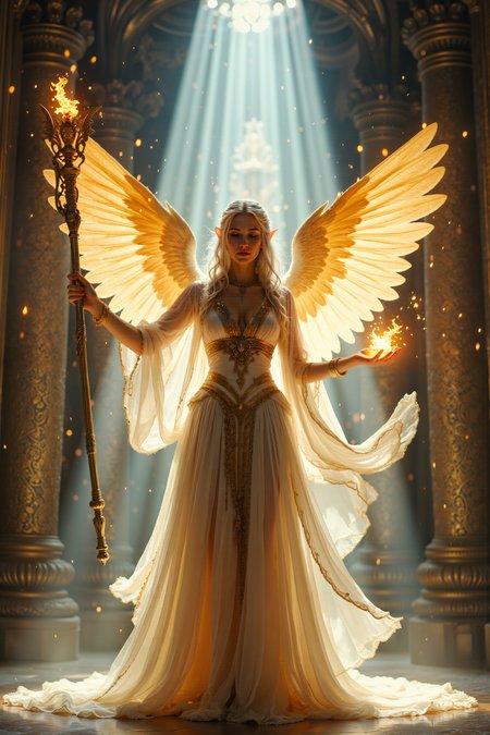 A hyper-realistic portrait, photorealistic photo close-up image of A radiant aasimar cleric, her silver hair flowing in waves down her back, holds a staff aloft as golden light pours from her open hands. Her pale, alabaster skin glows with an otherworldly aura, and her celestial blue eyes burn with divine purpose. Her flowing robes, white and gold with intricate celestial designs, billow around her as if caught in a breeze that only she can feel. A pair of ethereal wings spread behind her, shimmering with soft light, casting a warm glow on the stone floor beneath her. Her staff is adorned with glowing sigils that pulse in rhythm with the light from her hands, amplifying the healing energy that radiates outward. Around her, faint, ghostly images of long-passed warriors appear, their spirits lifted by her divine magic, their translucent forms glowing with renewed strength. The walls of the temple around her are lined with ancient, golden mosaics, and beams of sunlight pierce through the high, arched windows, illuminating the dust-filled air. Her expression is one of serene concentration, eyes closed as she channels the power of the heavens. In this moment, she is the embodiment of light, peace, and holy retribution. (photography, high-resolution, dynamic, energetic,hyper-realistic, dramatic lighting, shallow depth of field.)<lora:aidmaMJ6.1-FLUX-V0.1:0.6><lora:Movie_Portrait><lora:Flux DetailerV2>